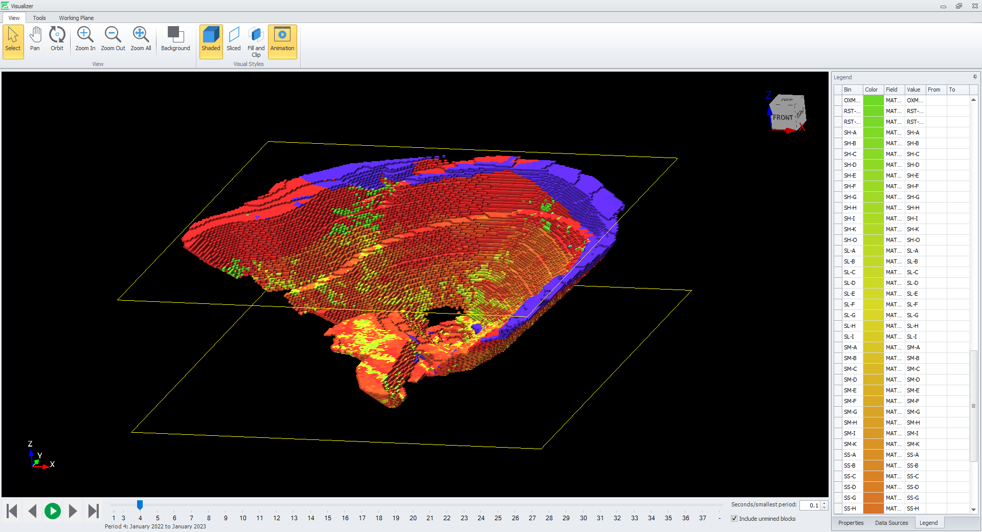 A 3D model of the mine with colours corresonding to the material in each block of the model