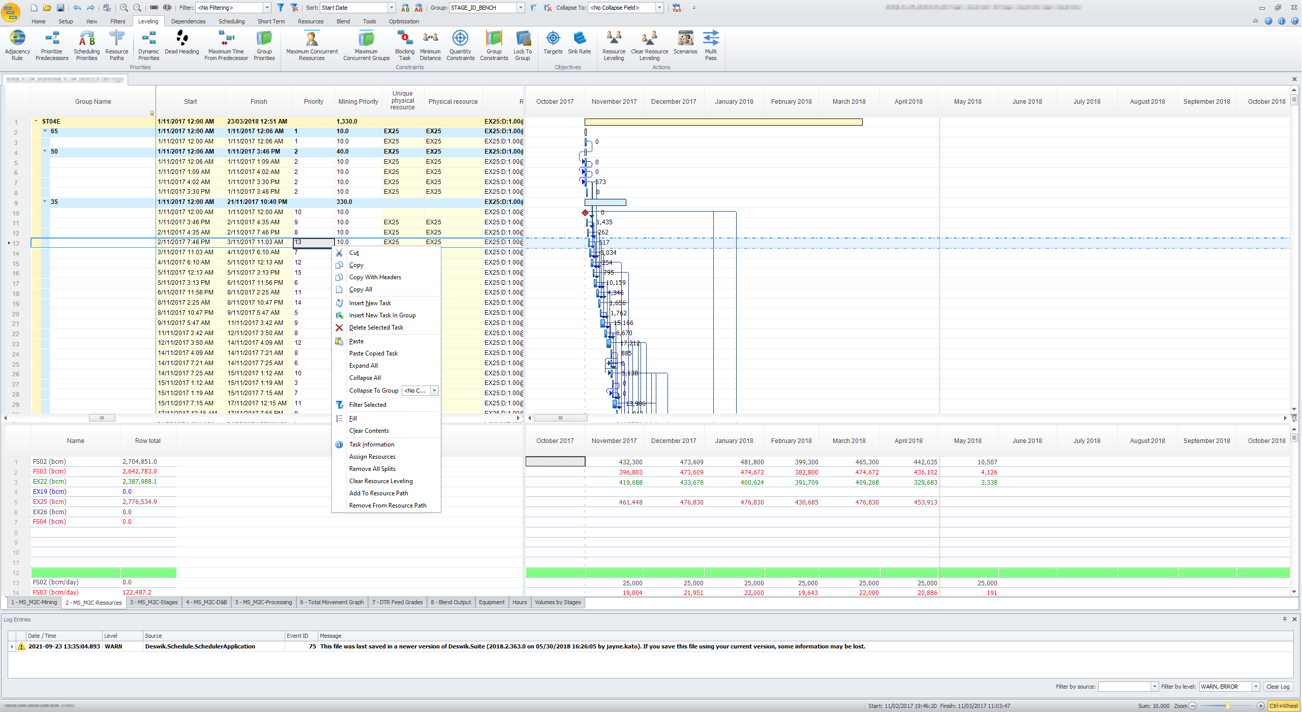 Deswik Scheduler window in its old format with clunky look and feel and mismatched icons